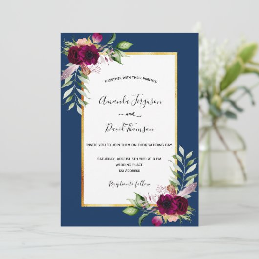 Navy blue burgundy florals Gold boho bruiloft Kaart (Staand voorkant)