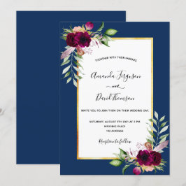 Navy blue burgundy florals Gold boho bruiloft Kaart