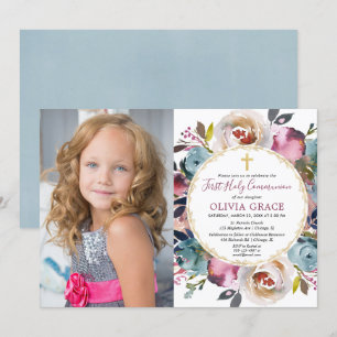 Navy blue burgundy Foto van de Eerste Heilige Comm Kaart