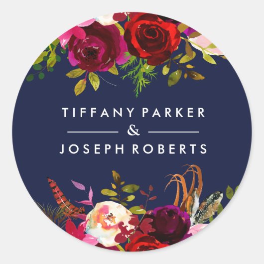 Navy Blue Burgundy Garden Floral Spring Wedding Ronde Sticker (Voorkant)