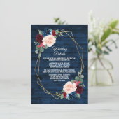Navy Blue Burgundy Gold Blush Pink Country Weddens Informatiekaartje (Staand voorkant)
