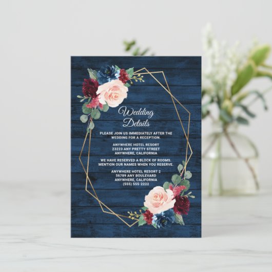 Navy Blue Burgundy Gold Blush Pink Country Weddens Informatiekaartje (Staand voorkant)