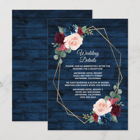 Navy Blue Burgundy Gold Blush Pink Country Weddens Informatiekaartje (Voorkant / Achterkant)