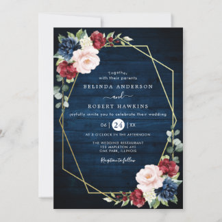 Navy Blue Burgundy Gold Blush Pink Country Weddens Kaart
