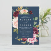 Navy Blue Burgundy Gold Blush Pink Floral Weddensc Kaart (Staand voorkant)