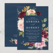 Navy Blue Burgundy Gold Blush Pink Floral Weddensc Kaart (Voorkant / Achterkant)