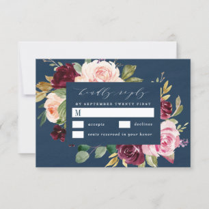 Navy Blue Burgundy Gold Blush Pink Floral Weddensc RSVP Kaartje