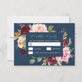 Navy Blue Burgundy Gold Blush Pink Floral Weddensc RSVP Kaartje