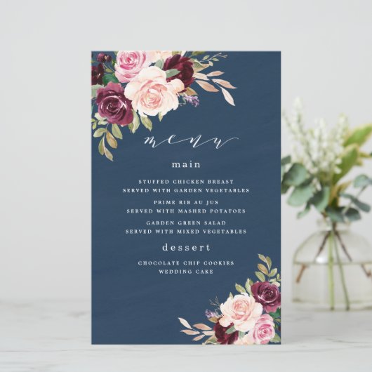 Navy Blue Burgundy Gold Blush Wedding Menu-kaarten (Staand voorkant)
