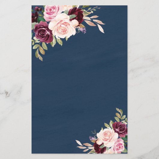 Navy Blue Burgundy Gold Blush Wedding Menu-kaarten (Achterkant)