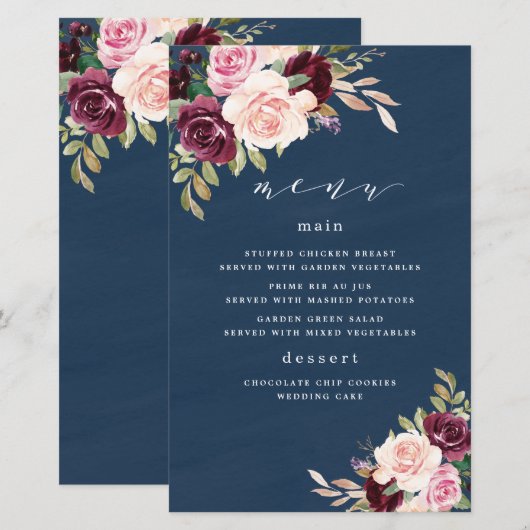 Navy Blue Burgundy Gold Blush Wedding Menu-kaarten (Voorkant / Achterkant)