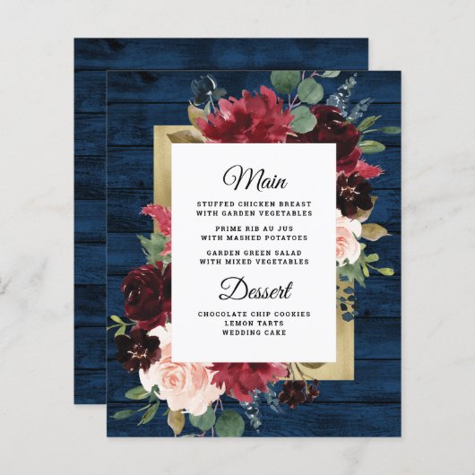 Navy Blue Burgundy Gold Blush Wedding Menu-kaarten (Voorkant / Achterkant)