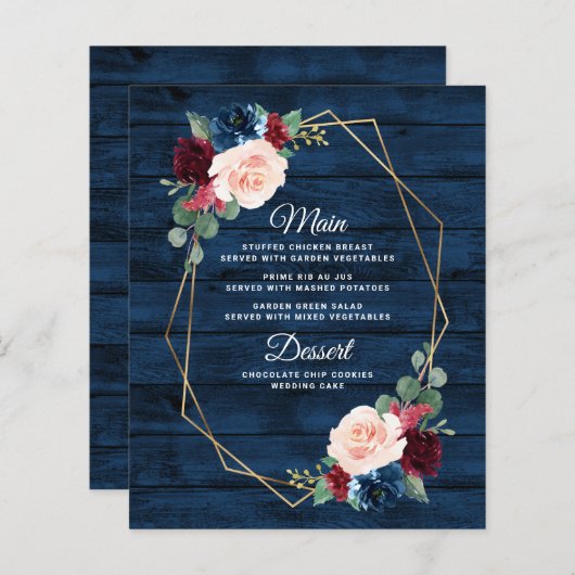 Navy Blue Burgundy Gold Blush Wedding Menu-kaarten (Voorkant / Achterkant)