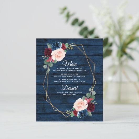 Navy Blue Burgundy Gold Blush Wedding Menu-kaarten (Staand voorkant)