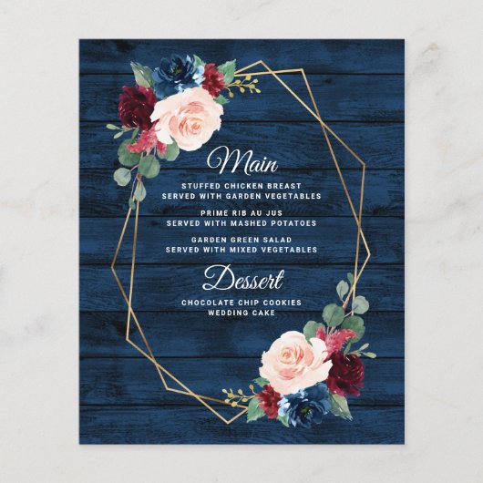 Navy Blue Burgundy Gold Blush Wedding Menu-kaarten (Voorkant)