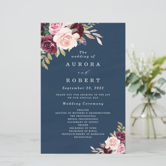 Navy Blue Burgundy Gold Blush Wedding Programs (Staand voorkant)
