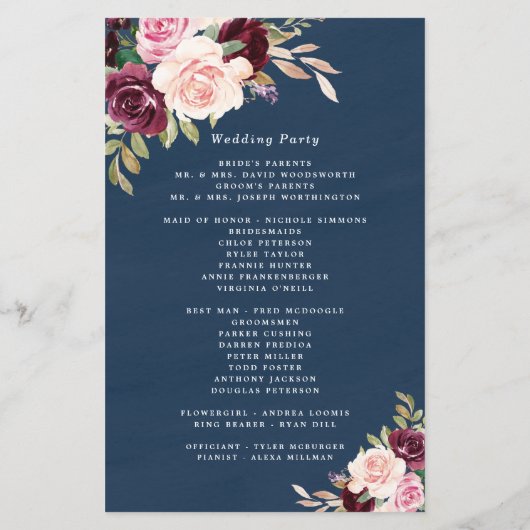Navy Blue Burgundy Gold Blush Wedding Programs (Achterkant)