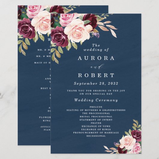 Navy Blue Burgundy Gold Blush Wedding Programs (Voorkant / Achterkant)