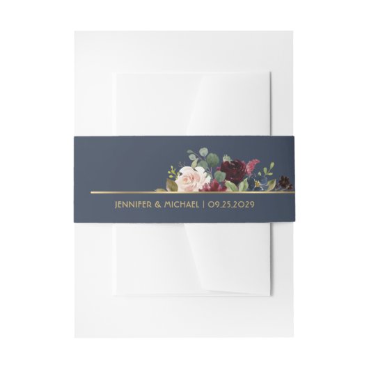 Navy Blue Burgundy Gold Floral Blooms Chic Weddens Uitnodigingen Wikkel (Voorkant Voorbeeld)