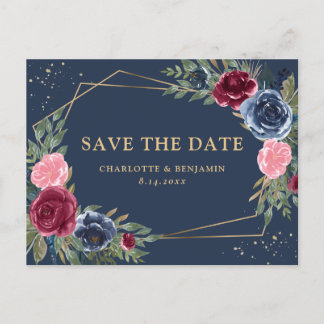 Navy Blue Burgundy Gold Floral redt de datum Aankondigingskaart
