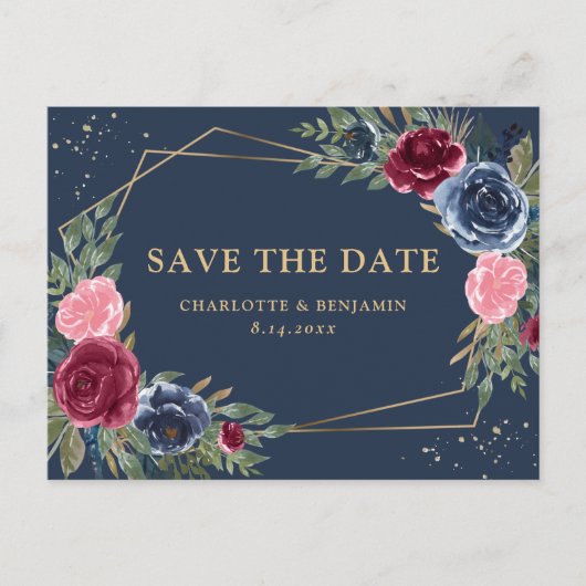 Navy Blue Burgundy Gold Floral redt de datum Aankondigingskaart (Voorkant)