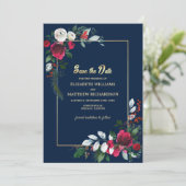 Navy Blue Burgundy Gold Floral redt de datum Kaart (Staand voorkant)