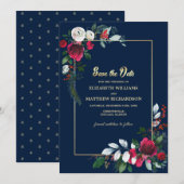 Navy Blue Burgundy Gold Floral redt de datum Kaart (Voorkant / Achterkant)