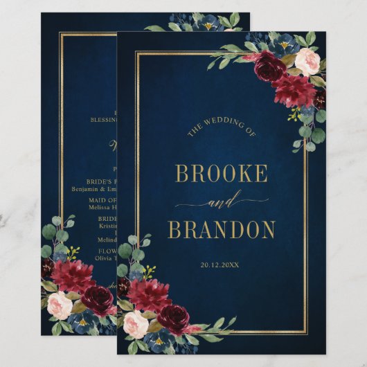 Navy Blue Burgundy Gold Geometric Wedding Programm (Voorkant / Achterkant)