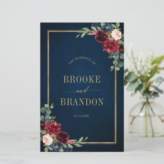 Navy Blue Burgundy Gold Geometric Wedding Programm (Staand voorkant)