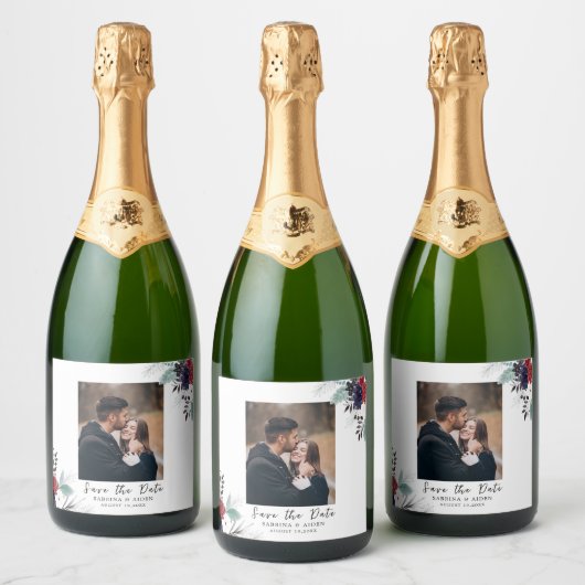 Navy Blue Burgundy Gothic Floral foto Sparkling Wijnetiket (Flessen)