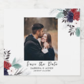 Navy Blue Burgundy Gothic Floral foto Sparkling Wijnetiket (Enkel label)