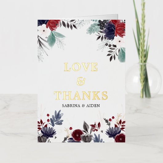 Navy Blue Burgundy Gothic Floral Weddenschap Folie Wenskaart (Voorkant)