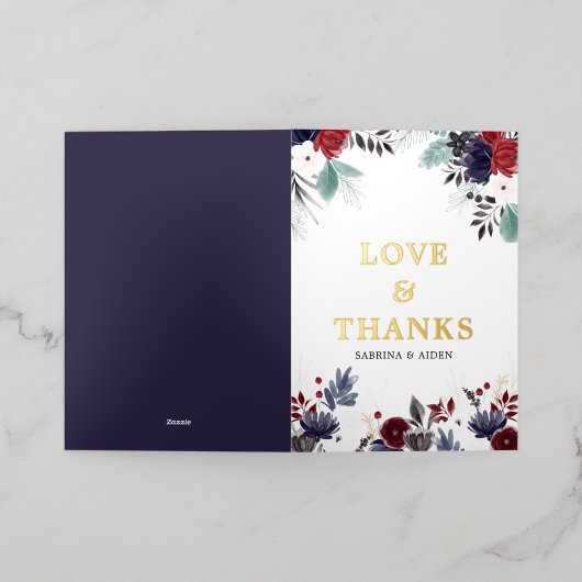 Navy Blue Burgundy Gothic Floral Weddenschap Folie Wenskaart (Buiten Laag)