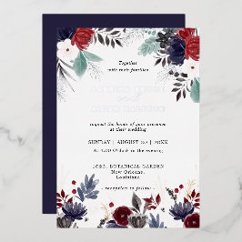 Navy Blue Burgundy Gothic Floral Wedding Folie Uitnodiging
