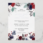 Navy Blue Burgundy Gothic Floral Wedding Folie Uitnodiging (Voorkant)