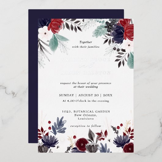 Navy Blue Burgundy Gothic Floral Wedding Folie Uitnodiging (Voorkant / Achterkant)