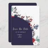 Navy Blue Burgundy Gothic Floral Wedding Save The Date (Voorkant / Achterkant)