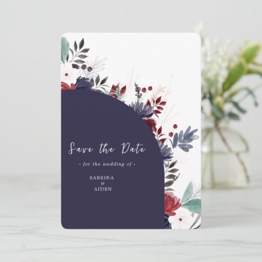 Navy Blue Burgundy Gothic Floral Wedding Save The Date (Staand voorkant)