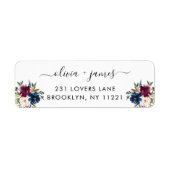 Navy Blue Burgundy Greenery Cute Floral Waterverf Etiket (Voorkant)