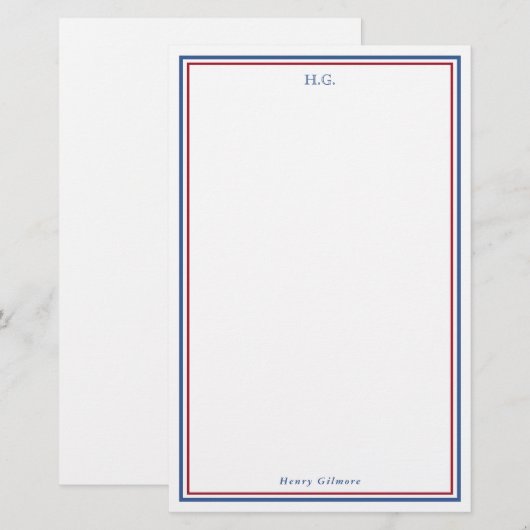 Navy Blue Burgundy Monogrammed Briefpapier (Voorkant / Achterkant)