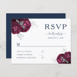 Navy Blue Burgundy Peonies Floral Wedding RSVP Briefkaart