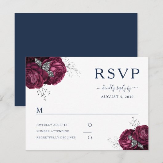 Navy Blue Burgundy Peonies Floral Wedding RSVP Briefkaart (Voorkant / Achterkant)
