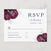 Navy Blue Burgundy Peonies Floral Wedding RSVP Briefkaart (Voorkant)