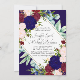 Navy Blue Burgundy Pink Floral Wedding Invitation