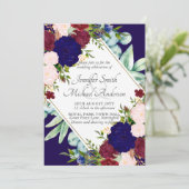 Navy Blue Burgundy Pink Floral Wedding Invitation (Staand voorkant)