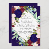 Navy Blue Burgundy Pink Floral Wedding Invitation (Voorkant / Achterkant)