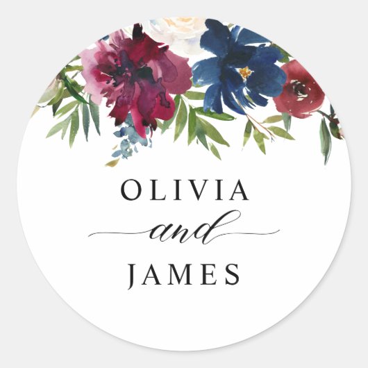 Navy Blue Burgundy Red Floral Chic Script Weduwsch Ronde Sticker (Voorkant)