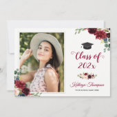 Navy Blue Burgundy Red Floral Foto Afstuderen Kaart (Voorkant)