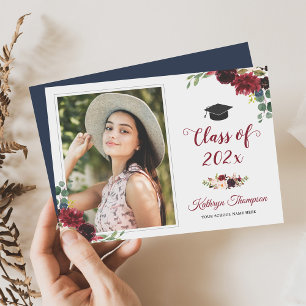 Navy Blue Burgundy Red Floral Foto Afstuderen Kaart