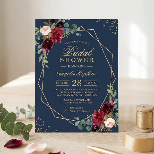 Navy Blue Burgundy Red Floral modern Vrijgezellenf Kaart